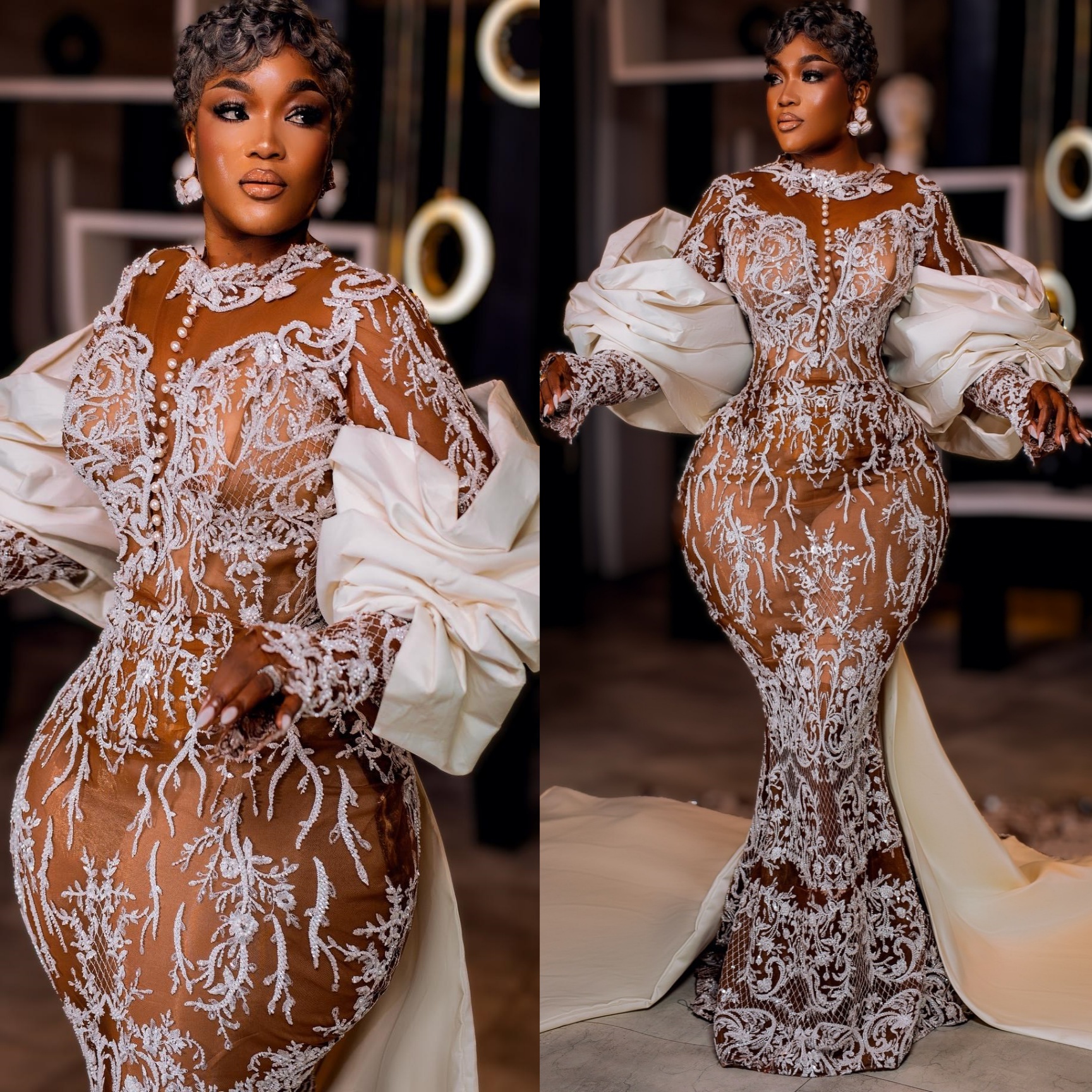 African Aso Ebi 2026 Ivory Mermaid Wedding Dress Illusion Sequined Lace With A Wrap Vintage Elegant Bridal Gowns Dresses ZJ2277