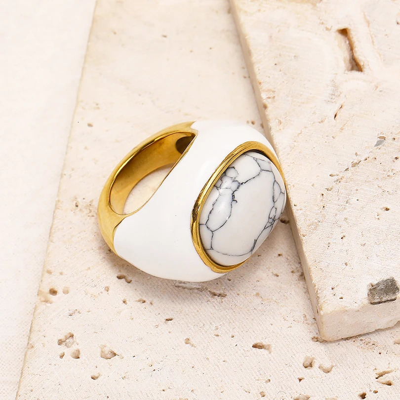 Punk Style Stainless Steel 18k Natural Stone Drip Glaze Ring for Women Personality Simple Fashion Ring Charm Jewelry Gift 260107