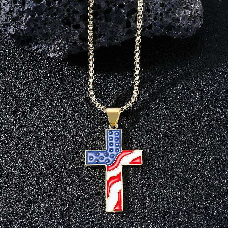 Stainless Steel Chains American Necklace Jesus Christ Cross Pendant Enamel USA Flag Patriotic Christian Jewelry Long Chain H260112