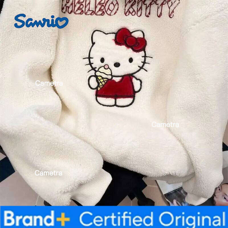 Sanrio Cartoon Hello Kittys Sherpa Embroidered Women Autumn Winter Cute Japanese Velvet Thickened Hooded Zipper Jacket Warm Tops H260112