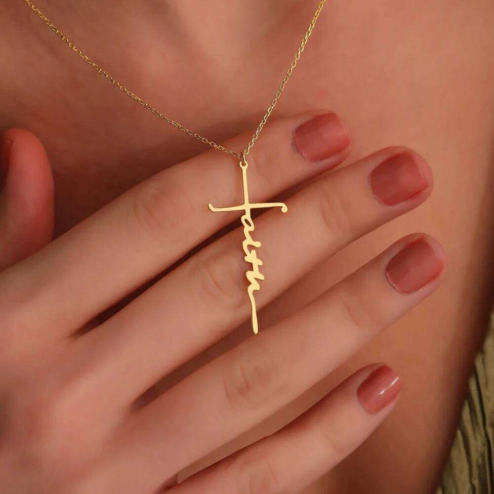 Lemegeton Custom Cross Name Necklace Personalized Pendant Stainless Steel Jewelry for Women Men Customized Baptism Easter Gifts H260112