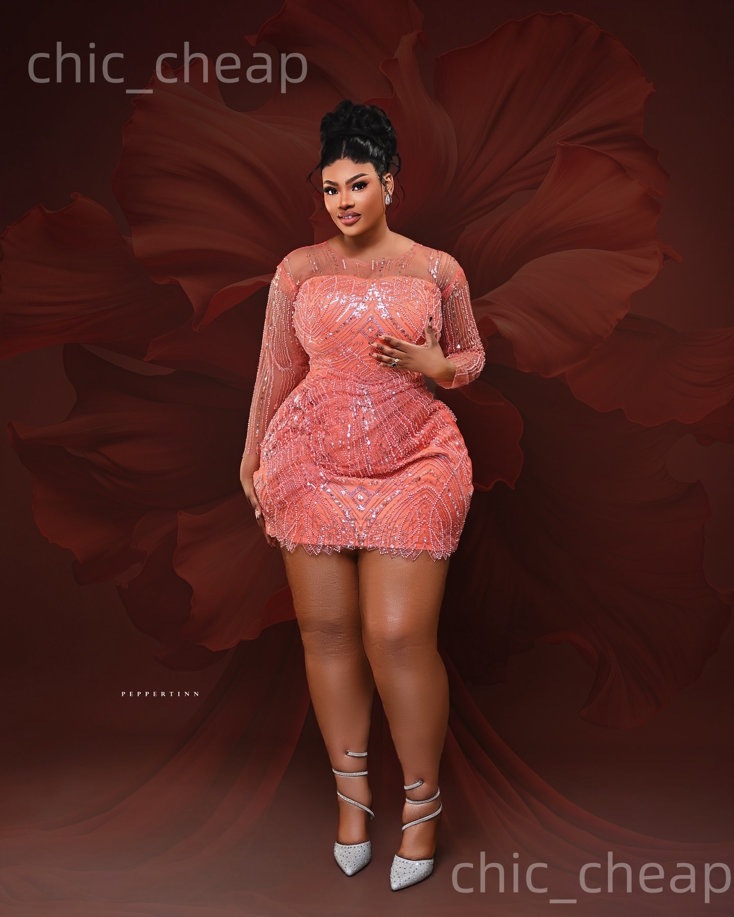 2026 Coral Sheath Cocktail Dress Sheer Neck Long Sleeves Sequined Short Mini Graduation Homecoming Dresses For Special Occasions Sweetheart Gowns ZJ05