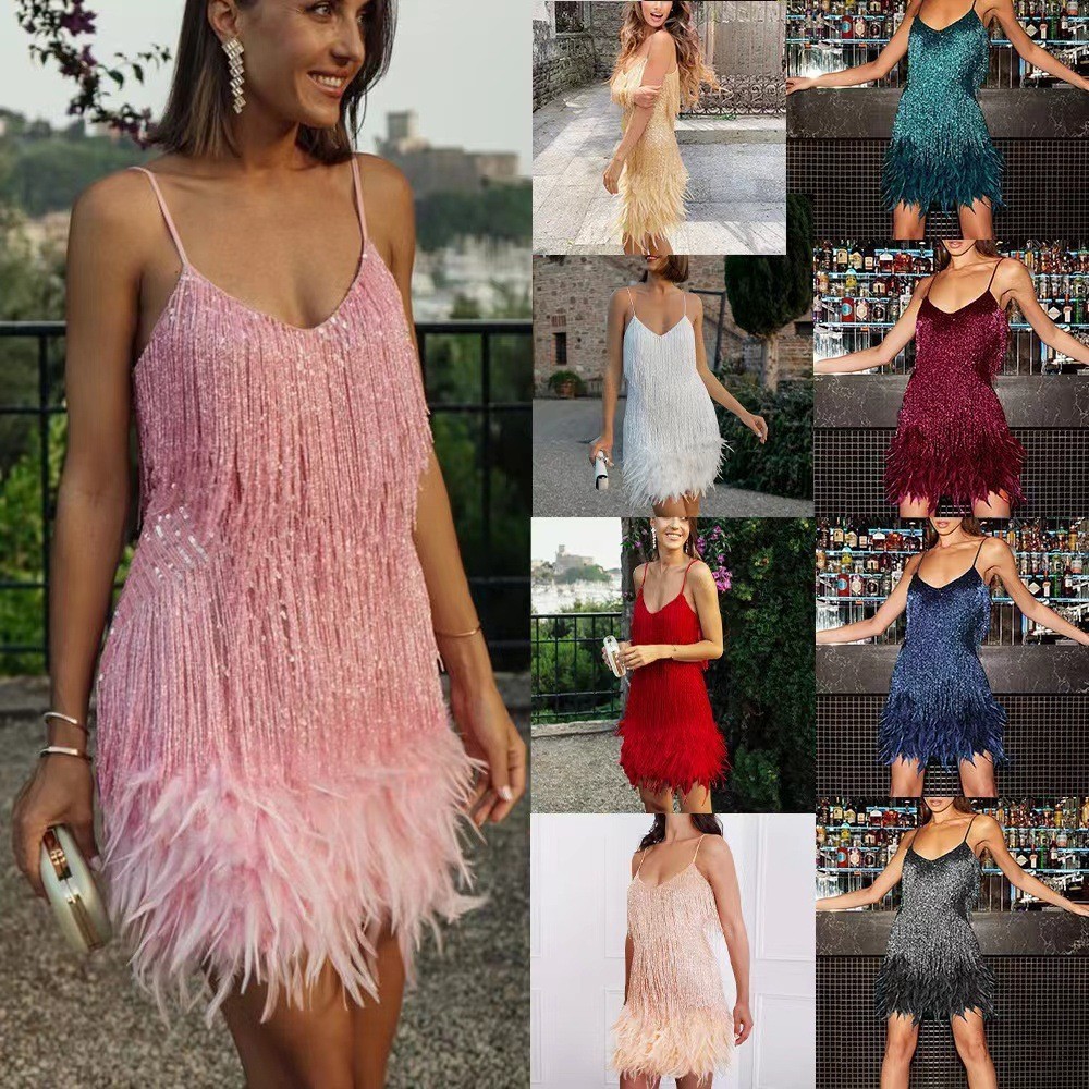 2025 Fashion Tassel Sequin Multi-color Party Sexy V-neck Strap Feather Patchwork Dress 241126