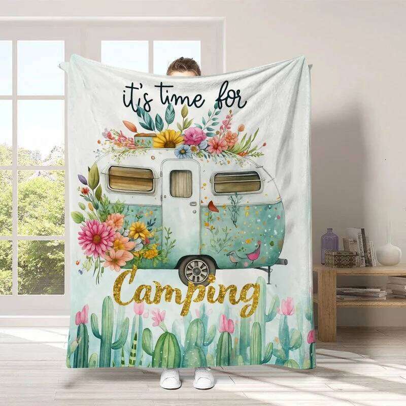 Flannel Soft Cozy Naptime Blanket with Rustic Camping Print All-Season Throw for Outdoor Lovers Sofa Decor Gift XJ260112
