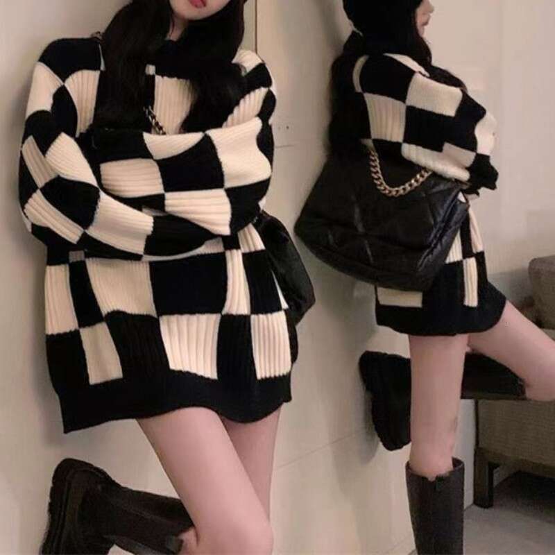 Autumn Winter Design New Top Checkerboard Sweater Women Retro Loose Lazy Style Pullover Knitted Jacket