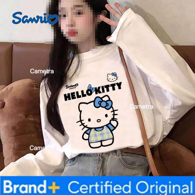 Sanrio Hello Kitty Women's T-Shirt Kawaii Cartoon Student Autumn Long Sleeves Loose Cotton Tops Fashion Woman Clothing New H260112