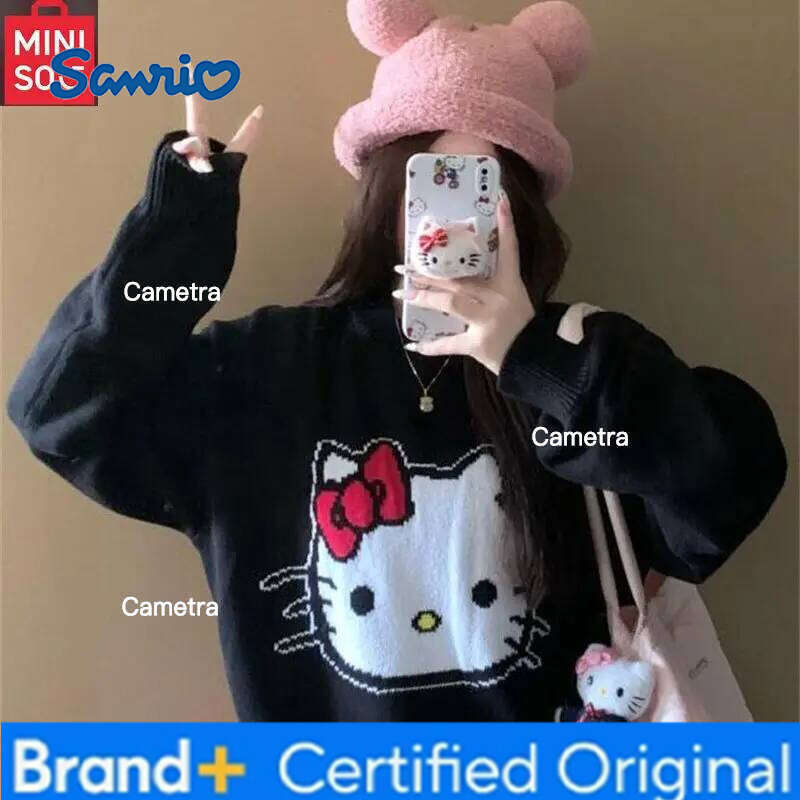 Sanrio MINISO Hello Kitty Jacquard Warm Round Neck Hooded Women's Loose and Slimming Knitted Sweater H260112