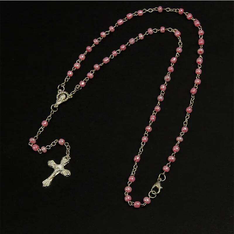 Small 4mm Glass Rosary Necklace Gold Beads and Heart Shaped Pendant Chain with Cross Christian Church Prayer Ornaments H260112