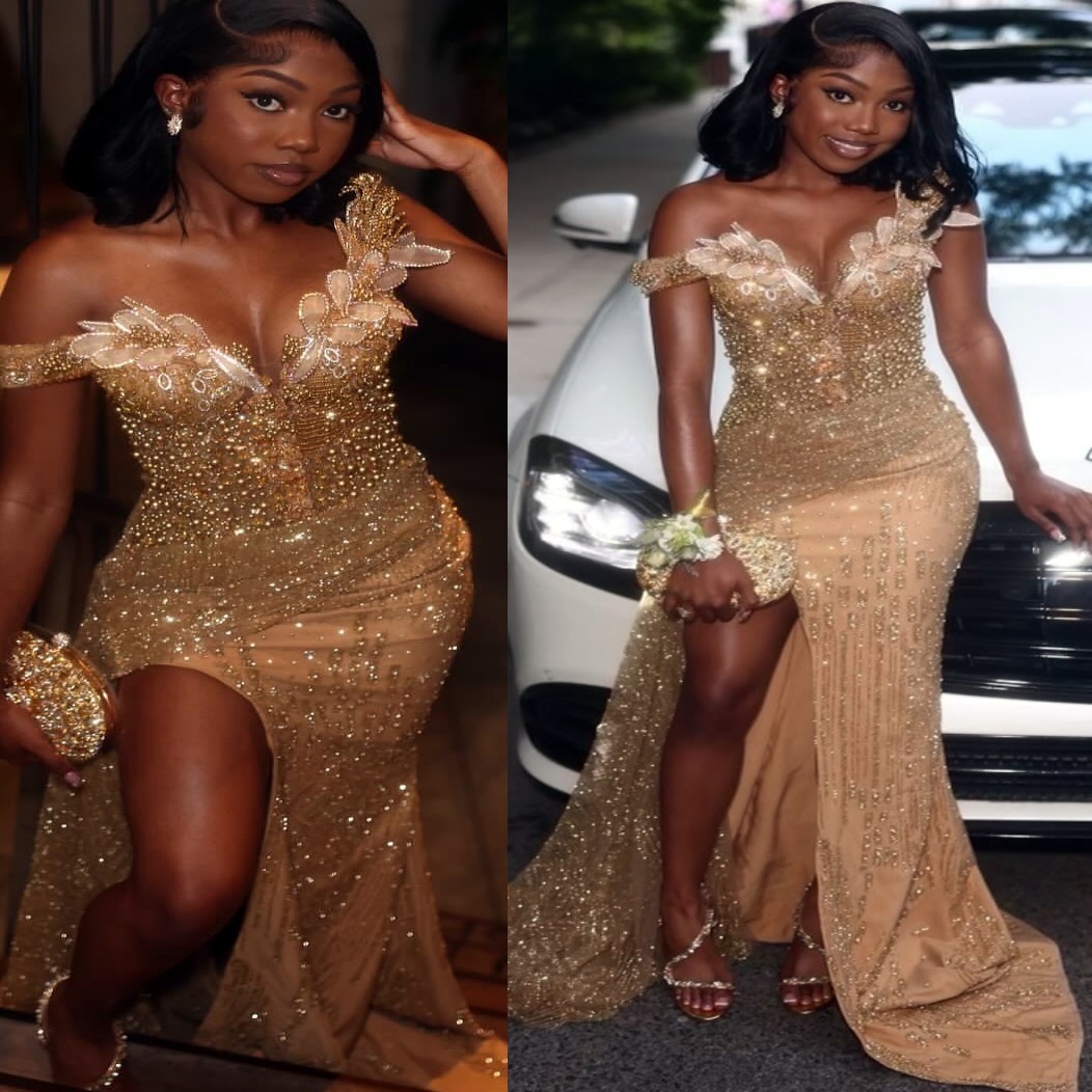 Aso Ebi 2k25 Gold Mermaid Prom Dresses 2026 Flowers Crystals Beaded High Split Evening Formal Party Second Birthday Engagement Gowns Dress For Special