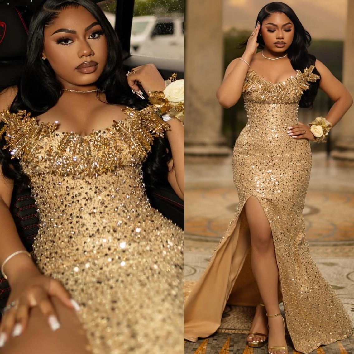Aso Ebi 2k25 Gold Mermaid Prom Dresses 2026 Crystals High Split Sequined Evening Formal Party Second Birthday Engagement Gowns Dress For Special Occas