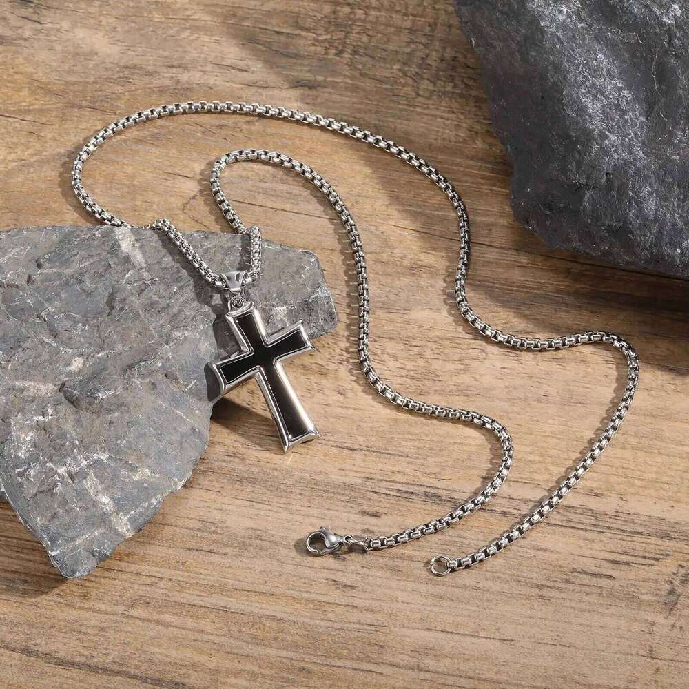 Vnox Trendy Necklaces for Men, Black Enamel Cross Collar, Stainless Steel Christian Pendant Collar Gift H260112