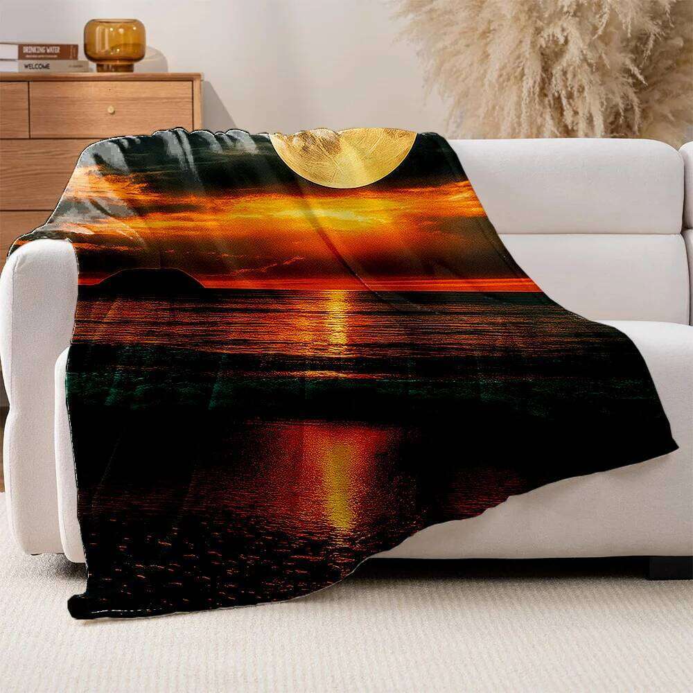 1pc Monet-Inspired Impressionist Sunrise Sunset Moon Seascape Plush Blanket - Green & Golden Ocean Waves with Turquoise to Deep XJ260112
