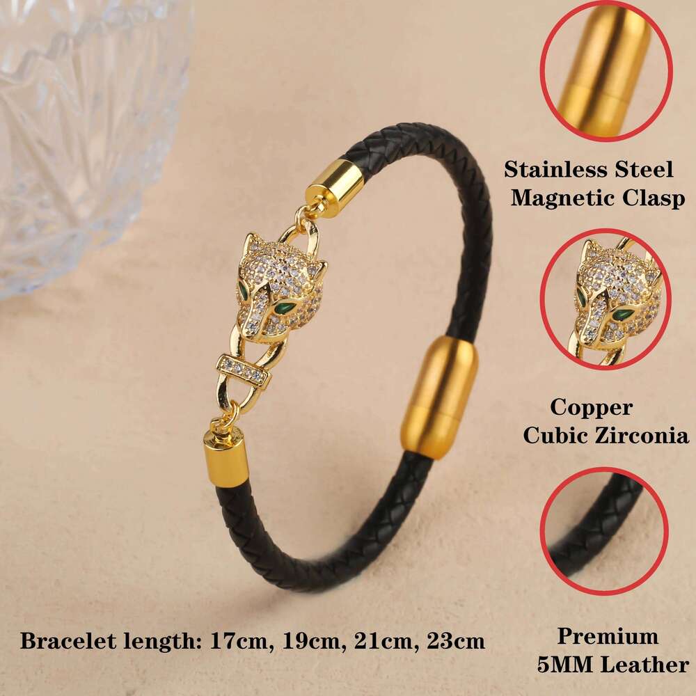 Bracelet Jewellery Textured 1 Stainless Steel Leopard Head Braided Leather Rope with Cubic Zirconia Animal Style Unisex Cuff for Daily Casual Wear and