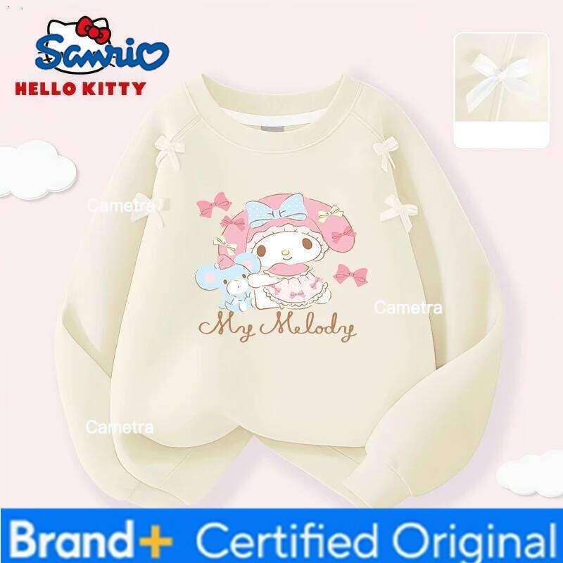 Sanrio Hello Kitty Kids Casual Round-neck Pullover Hoodies Girls Stylish Bow Decor Comfortable Lightweight Sweatshirt Sweet Cute Blouse H260112