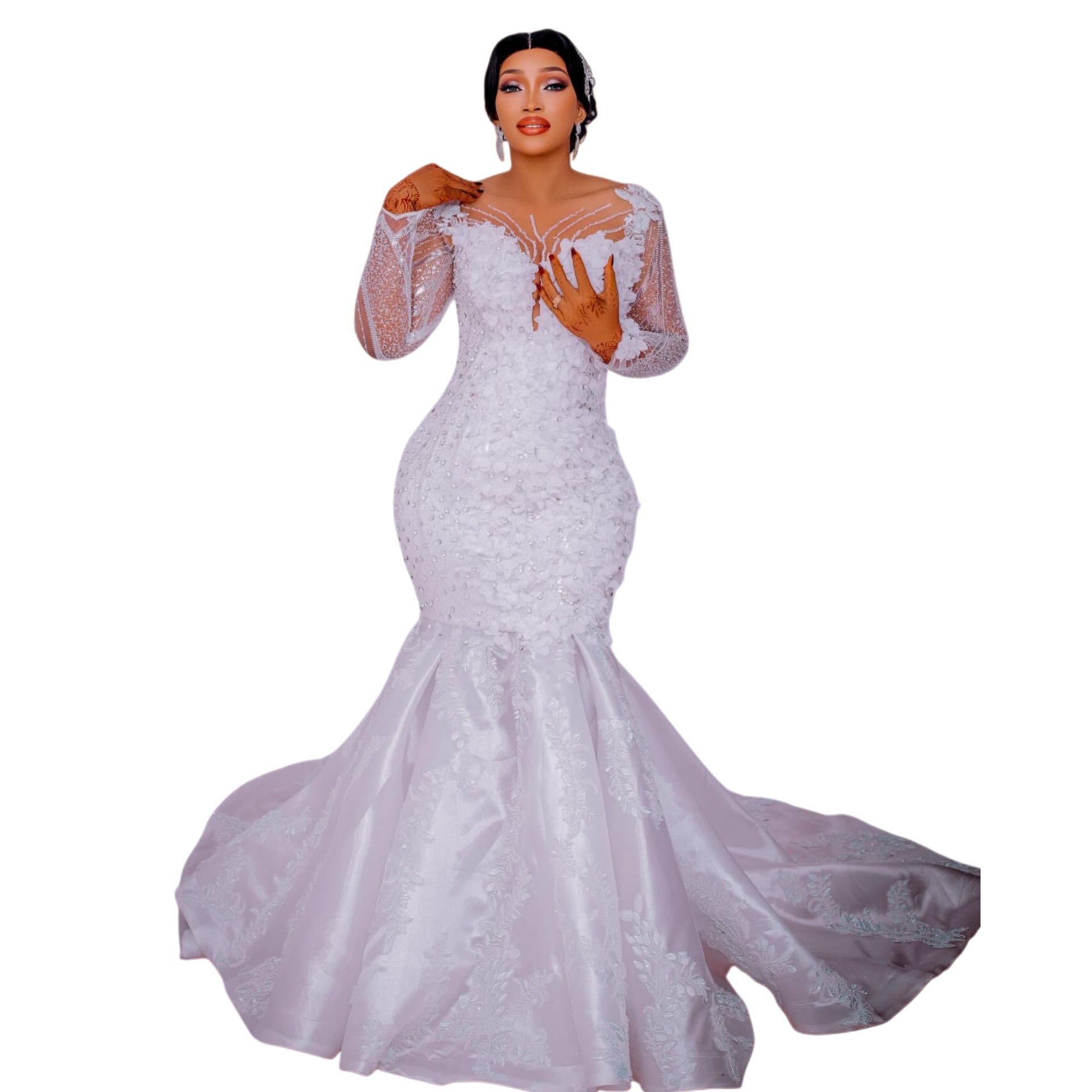 African Aso Ebi 2026 White Mermaid Wedding Dress Crystals Flowers Appliques Sequined Sheer Neck Elegant Bridal Gowns Dresses ZJ2270