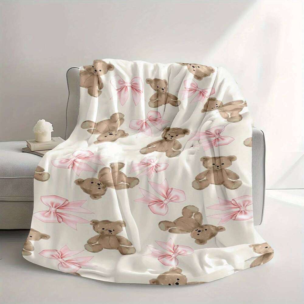 Soft Flannel Teen Girls' Blanket - Pastel Pink Brown Teddy Bear Plush Bow Design All-Season Cozy Bedspread for Bed Couch or Nap XJ260112