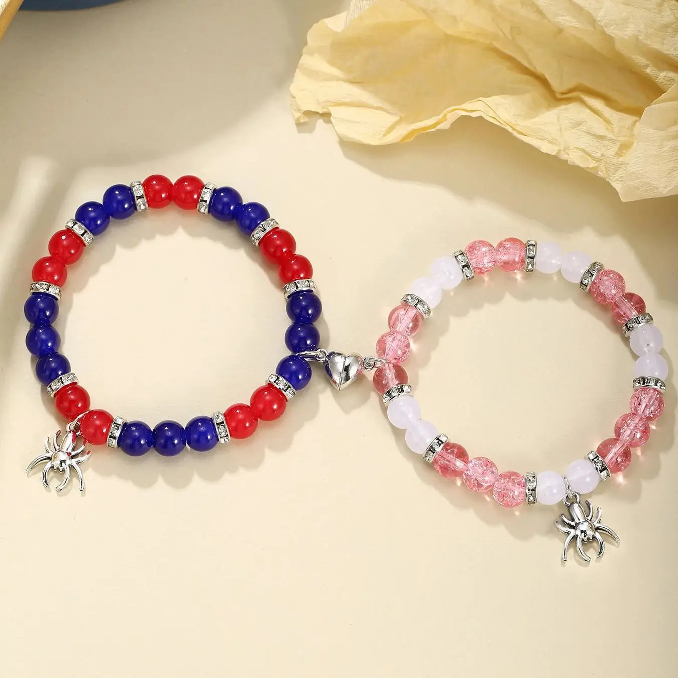 2 pcs of 8mm Natural Stone Spider Pendant Heart Shape Magnet Couple Bracelets 260107