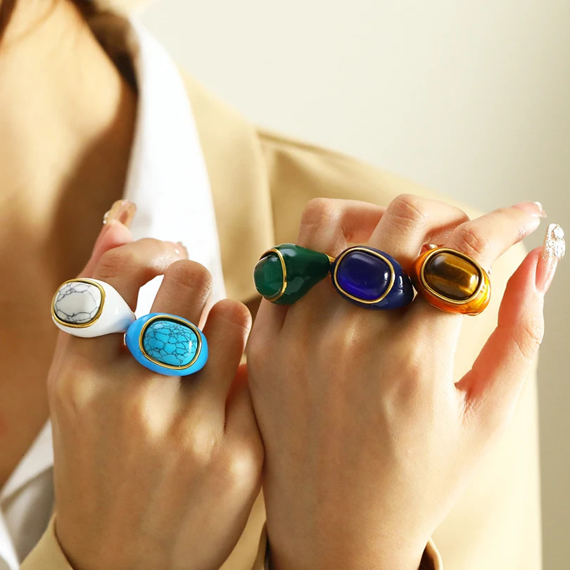 Punk Style Stainless Steel 18k Natural Stone Drip Glaze Ring for Women Personality Simple Fashion Ring Charm Jewelry Gift 260107