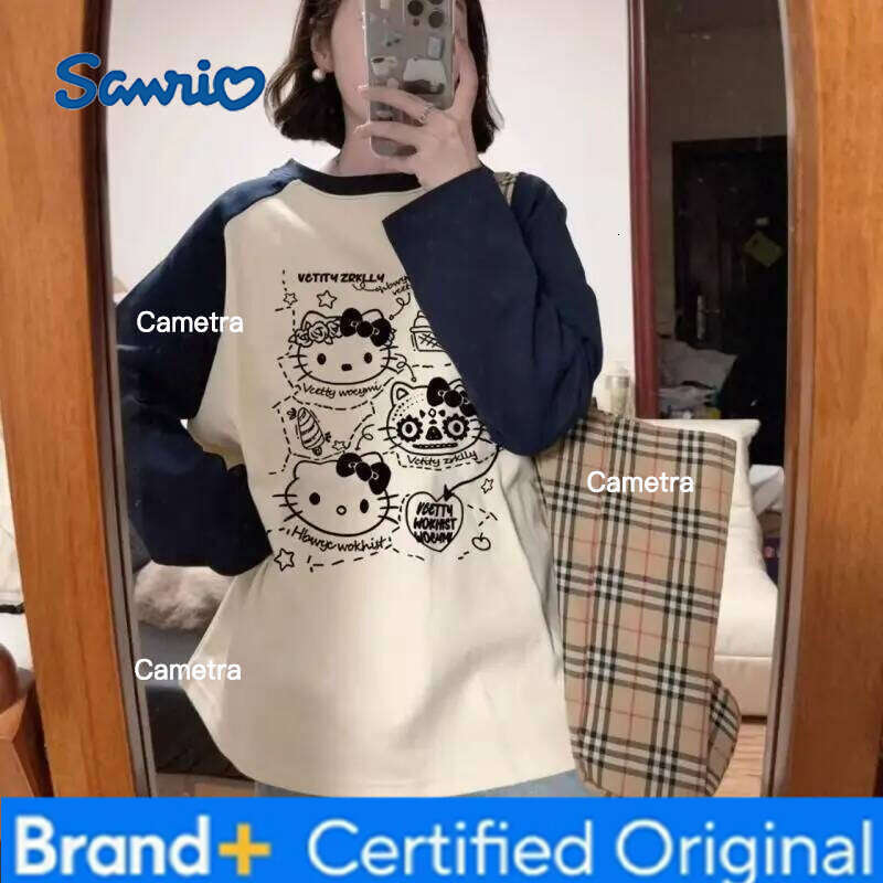 Sanrio Hello Kitty Women's T-Shirt Kawaii Cartoon Spring Autumn Woman Clothing Loose Long Sleeves Tees Sexy Base Layer Tops New H260112