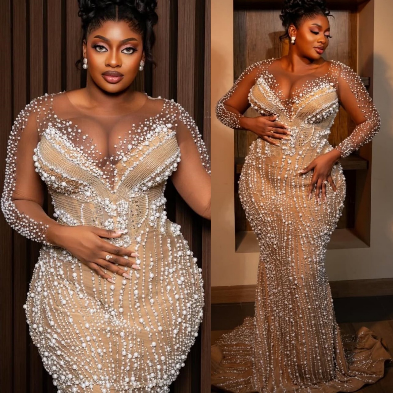 Aso Ebi Champagne Mermaid Prom Dresses 2026 Illusion Pearls Sheer Neck Evening Formal Party Second Birthday Engagement Gowns Dress For Special Occasio