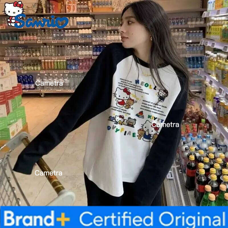 Sanrio HelloKitty Girl cotton Kawaii Anime Fashion Student Casual Long-Sleeved Spring and Autumn Base shirt Round neck New top H260112