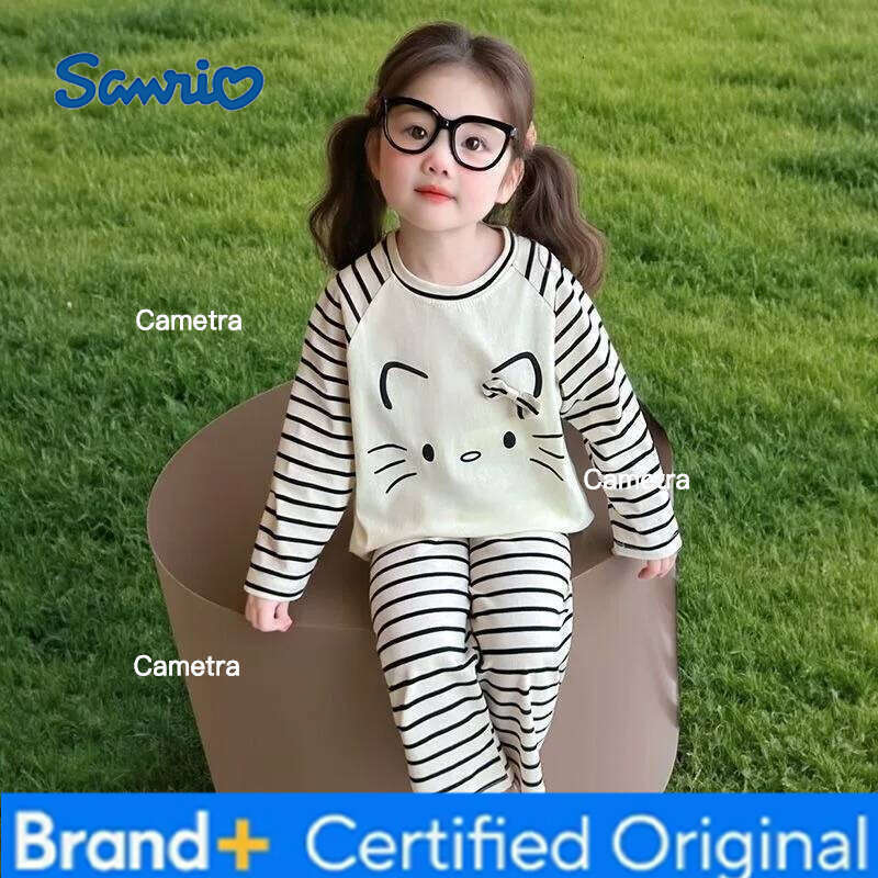 Sanrio Girls' Dralon Pajamas Set Cartoon Striped Long Sleeve Lounge Wear for Kids Spring Autumn Thermal Cotton Baby Sleepwear H260112