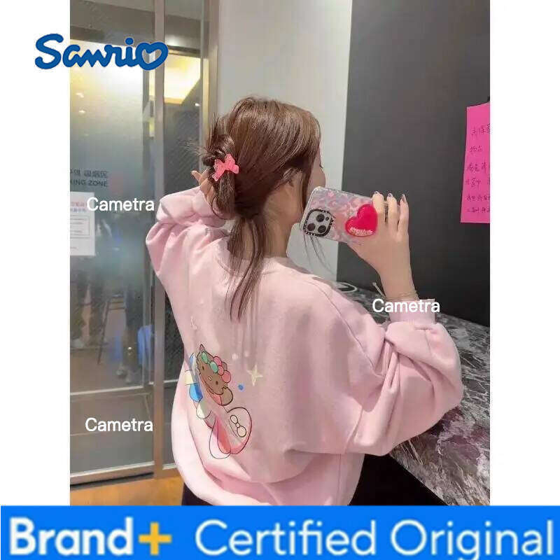 Sanrio Hot Sweet Cartoon Hello Kitty Long Sleeves Off Shoulder Girl Printing Loose Spring and Autumn Style Hoodie H260112