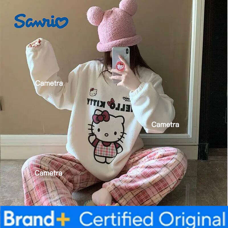 Sanrio Hello Kitty Pajamas Set Coral Cartoon Fleece Lined Thickened New Winter Women's Cozy Home Sleepwear Loungewear H260112