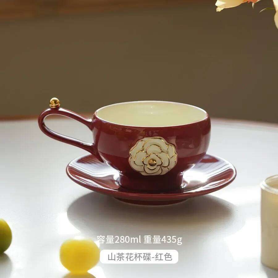 Camellia Ceramic Light Luxury Niche Premium Coffee Cup and Saucer Set Household Afternoon Tea Latte Cup 280ml