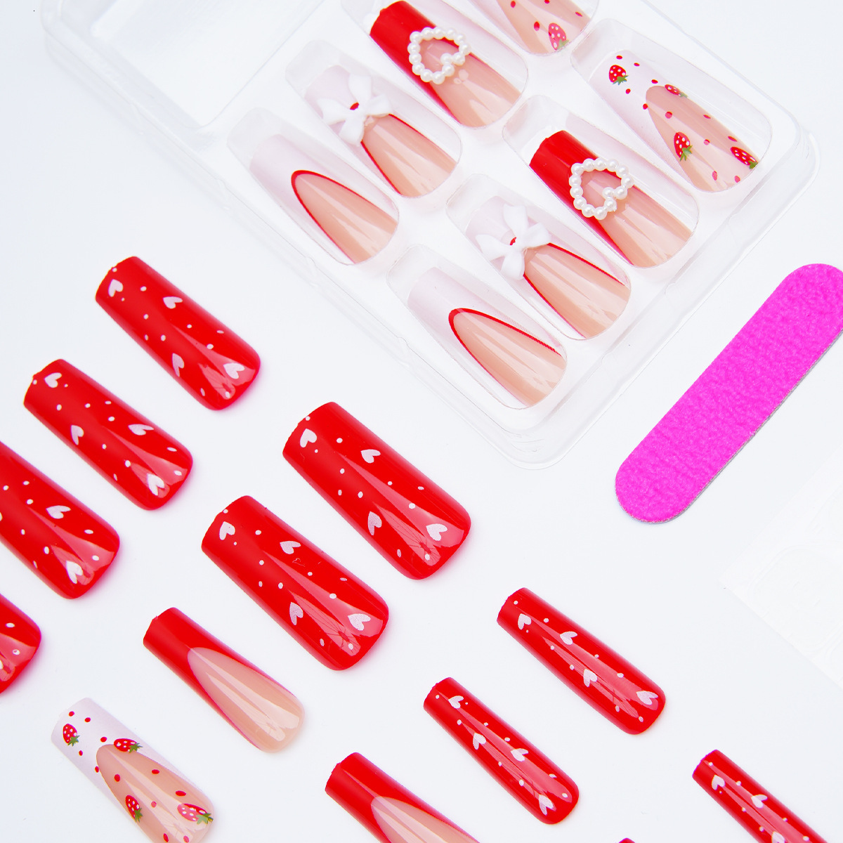 Wearable Nails Pearl Bow And Red Heart Strawberry French Wearable Nails Nail Stickers