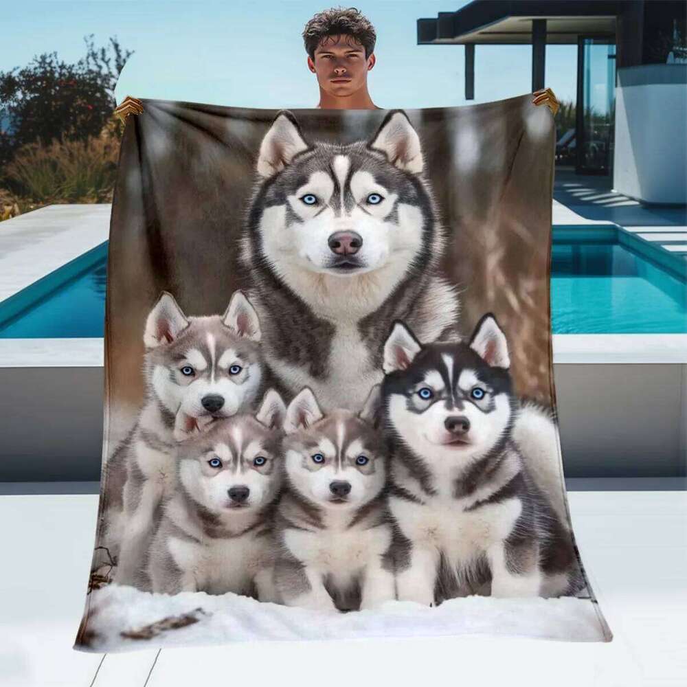 Husky Family Chiffon Blanket, Lightweight Portable Throw for Travel, Soft Warm Winter Design, All Season Cozy Home Decor XJ260112