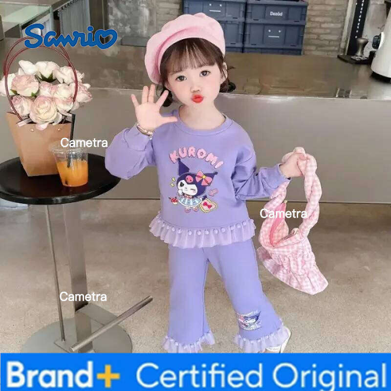 Sanrio Girls Kawaii Lace Long Sleeve Suit Kuromi Cartoon Spring Autumn Anime New Casual Sweatshirt Trousers Comfortable Soft H260112