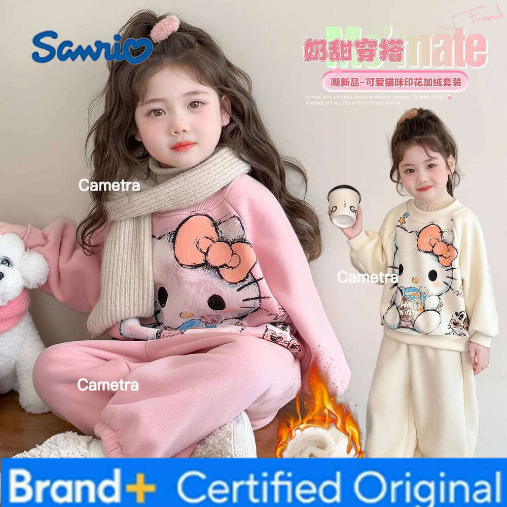 Sanrio Cute Kitten Girls' Clothing 2025 Autumn Winter New Cartoon Anime Hoodie 2Pcs Thickened Warm Sweatshirt Set Fashion Casual Wear H2601121