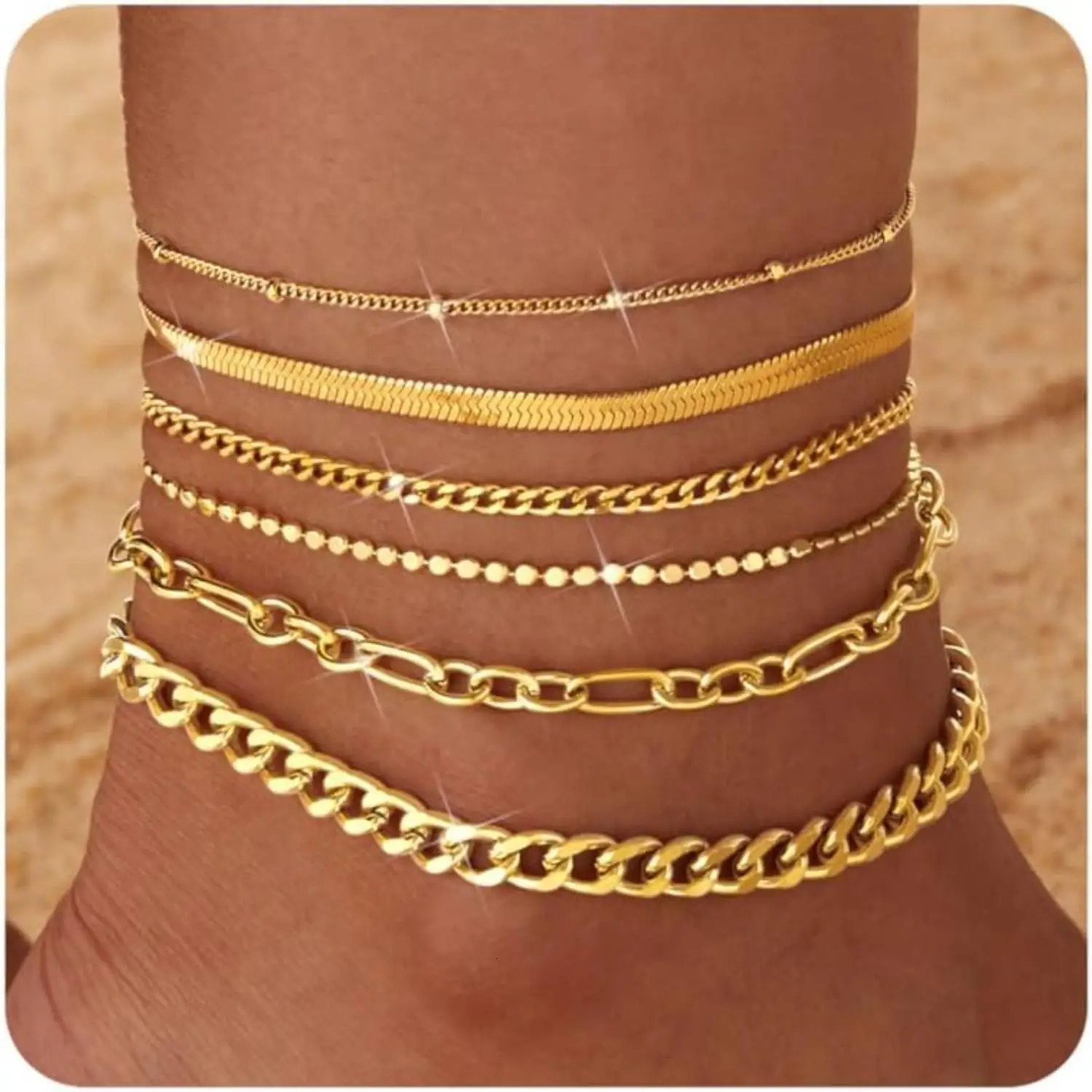 6PCS Ankle Bracelets for Women 14K Gold-plated Anklets Stainless Steel Cuban Link Chain Anklet Set Layered Beach Jewelry Gift 260107