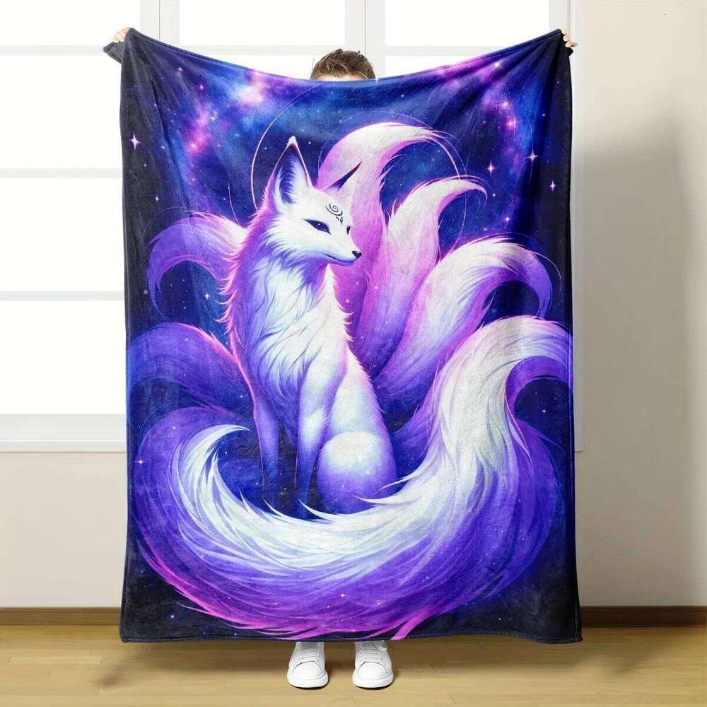 1pc Purple Nine Tail Fox Flannel Blanket Ultra-Comfortable Stylish, Perfect for Home, Office & Dorm - All-Season Warmth, Sof XJ260112