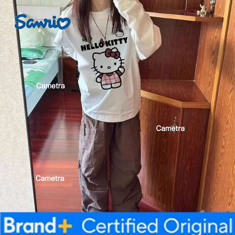 Sanrio Hello Kitty Women's T-Shirt Kawaii Cartoon Student Autumn and Winter Leisure Long Sleeves Tops Fashion Woman Clothing New H260112