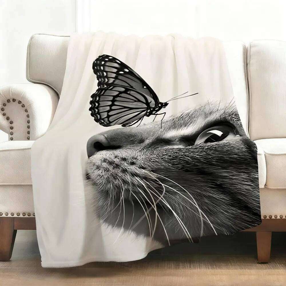Black And White Cats Butterfly Flannel Fluffy Soft Blanket Warm Skin-Friendly Throw For Sofa Bed Office Nap Winter XJ260112