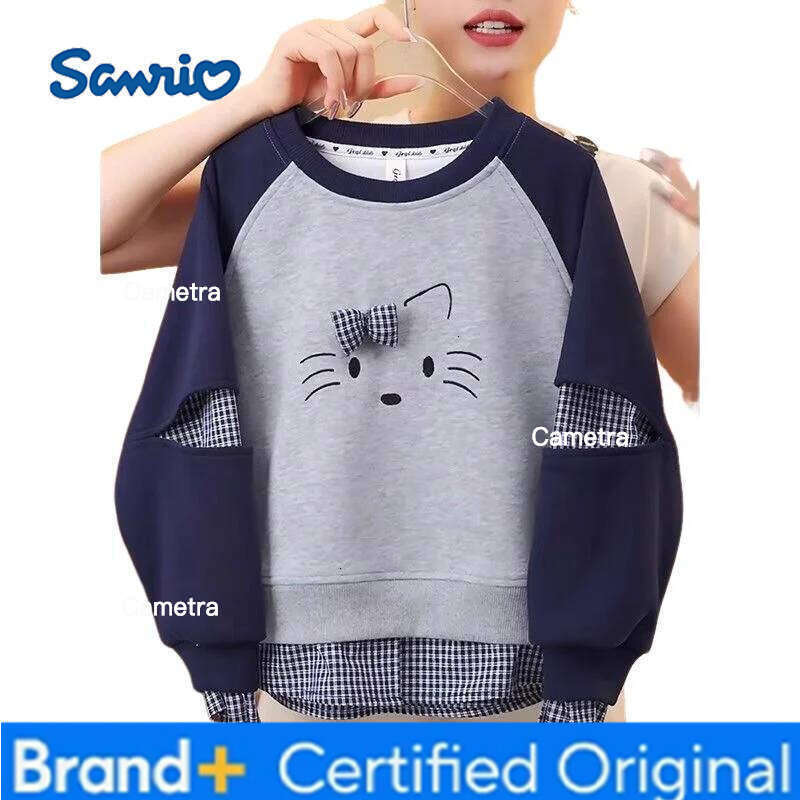 Sanrio Hello Kitty Kpop Sweatshirt 2025 New Autumn and Winter Plaid Tops Girls Long Sleeve Children's Clothing H260112