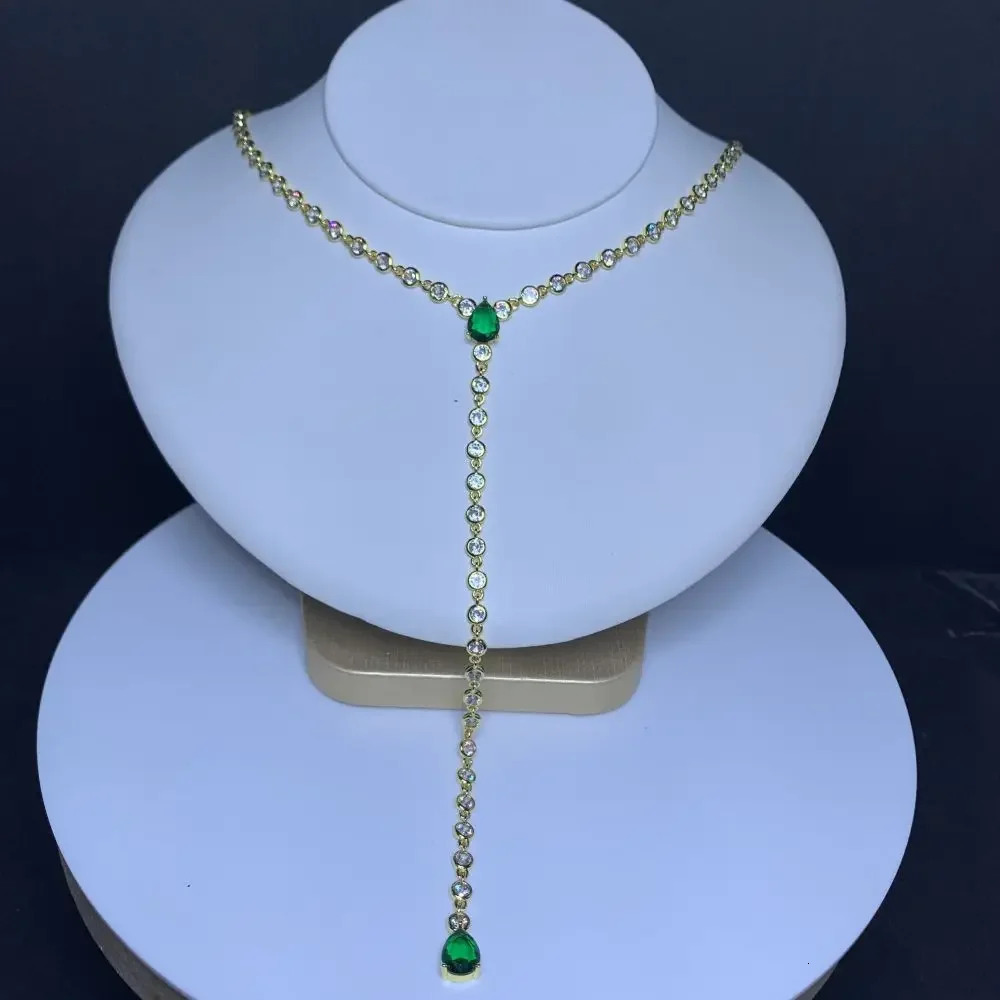 Bezel 5A Cubic Zirconia Round CZ Station Chain Green Tear Drop Stone Sexy Women Long Y Lariat Necklace Selling 260107