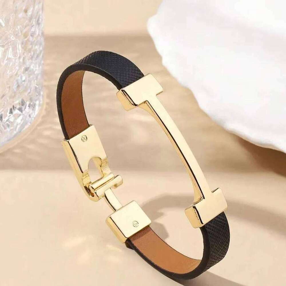 Jewellery Bracelet Designer Black Gold Plated Bar Closure Brown Leather with Smooth Metal Surface for Unisex Daily Wear and Special Occasion Gift High