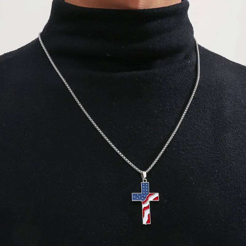 Stainless Steel Chains American Necklace Jesus Christ Cross Pendant Enamel USA Flag Patriotic Christian Jewelry Long Chain H260112