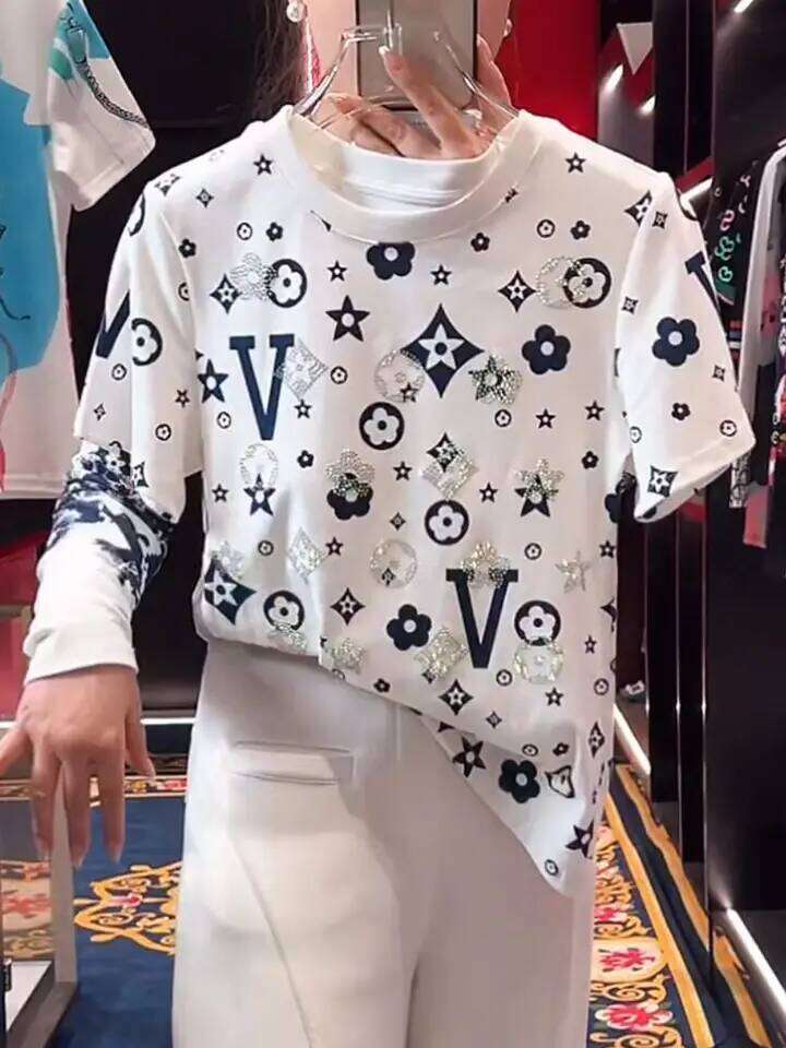 Luxury Diamond Geometry Designer Fashion Pattern Retro T Shirts White Cotton Summer Short Sleeve Tees Top High Street Fashion Women Niche Clothes