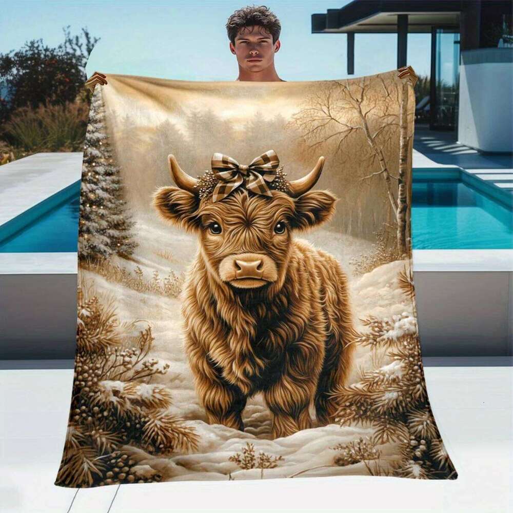 Highland Cow Winter Scene Flannel Blanket | Soft Warm All-Season Farmhouse Decor & Multi-Occasion Gift XJ260112