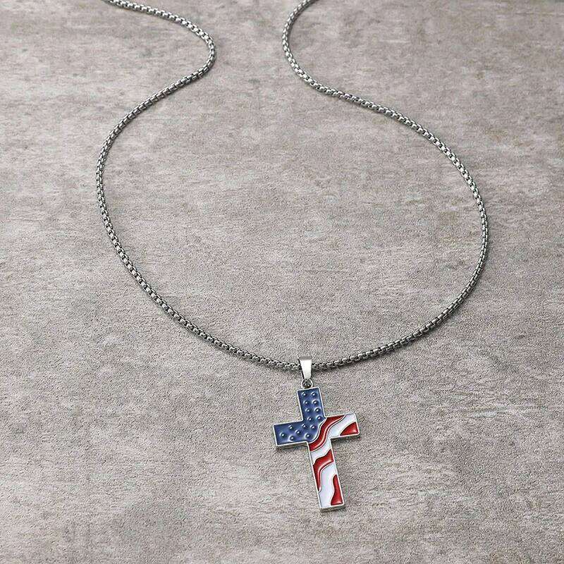 Stainless Steel Chains American Necklace Jesus Christ Cross Pendant Enamel USA Flag Patriotic Christian Jewelry Long Chain H260112