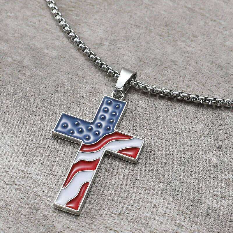 Stainless Steel Chains American Necklace Jesus Christ Cross Pendant Enamel USA Flag Patriotic Christian Jewelry Long Chain H260112