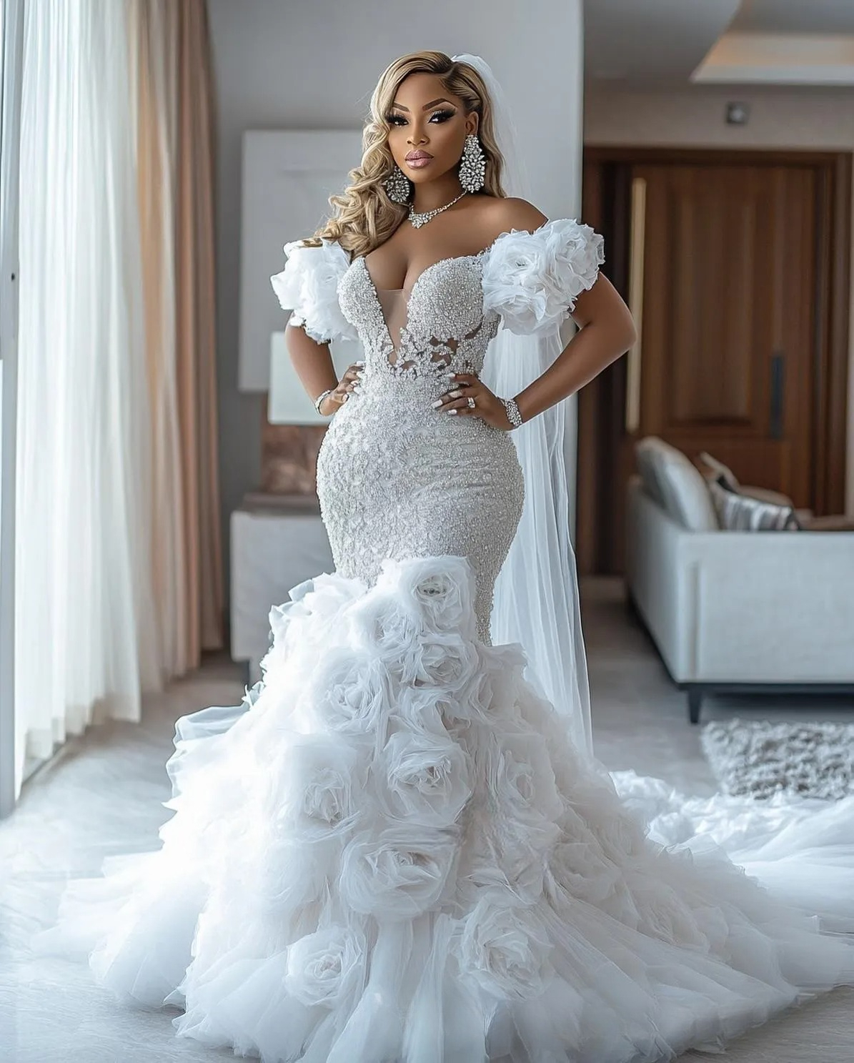 Arabic Aso Ebi Ivory Dress 2026 Mermaid Bridal For Bride Off Shoulder V Neck Sexy Flora Tiered Tulle Charming Wedding Gowns J12 ZD19