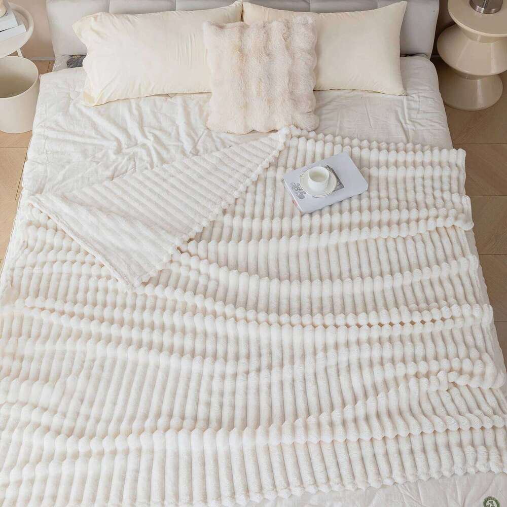 1pc solid color thick wide stripe multifunctional can be used as bed sheet covering nap blanket, pet blanket XJ260112