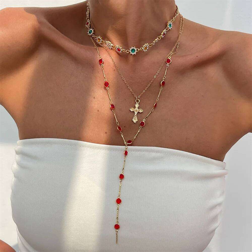3Pcs Unique Cross Pendant Set for Women Simple Crystal Sweater Chain Long Y-shaped Necklace Y2K Party Jewelry H260112