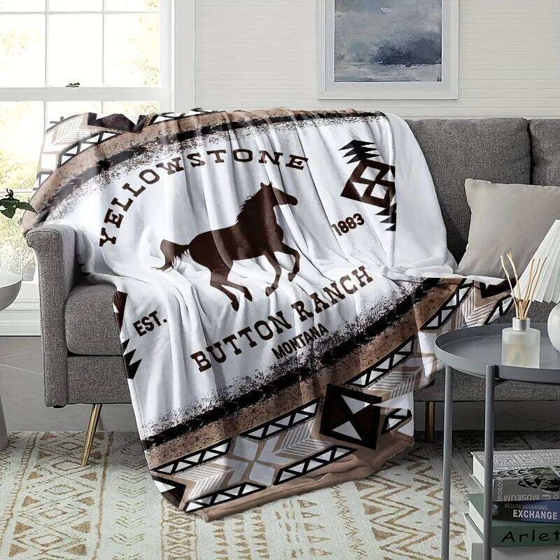 Vintage Southwestern Bohemian Throw Blanket Yellowstone 1885 Button Ranch Montana Design | Geometric & Horse Motifs XJ260112
