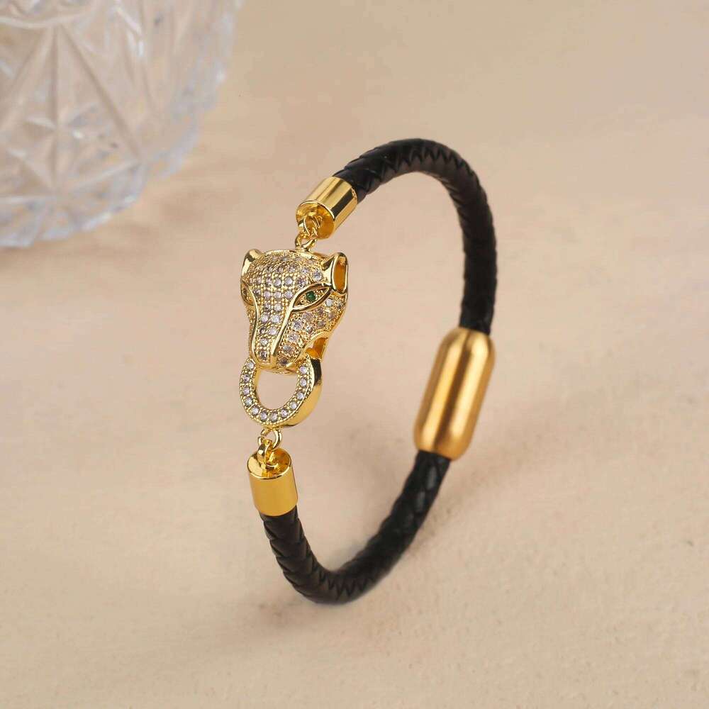 Bracelet Jewellery Textured 1 Stainless Steel Leopard Head Braided Leather Rope with Cubic Zirconia Animal Style Unisex Cuff for Daily Casual Wear and